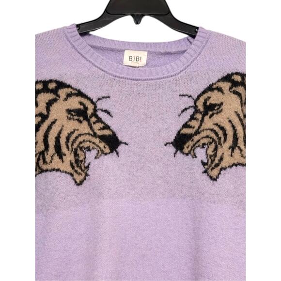 BIBI Large Tiger Cat Graphic Lavender Sweater Animal Print Pullover - Picture 5 of 7